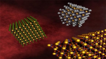 DNA linkers allow different kinds of nanoparticles to self-assemble and form relatively large-scale nanocomposite arrays. This approach allows for mixing and matching components for the design of multifunctional materials. | Image courtesy of Brookhaven National Laboratory. DNA linkers allow different kinds of nanoparticles to self-assemble and form relatively large-scale nanocomposite arrays. This approach allows for mixing and matching components for the design of multifunctional materials. | Image courtesy of Brookhaven National Laboratory.