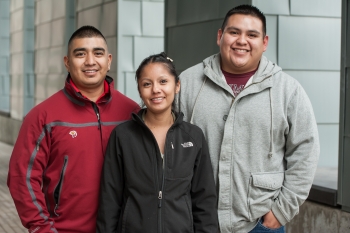 From left to right: Shaun Tsabetsaye, Reyna Banteah, and Jeremy Laselute from the Zuni Pueblo Tribe. Photo by Dennis Schroeder, NREL From left to right: Shaun Tsabetsaye, Reyna Banteah, and Jeremy Laselute from the Zuni Pueblo Tribe. Photo by Dennis Schroeder, NREL