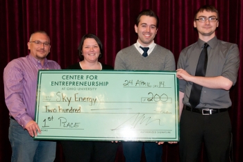 Sky Energy of Ohio University claimed first place in the competition for its clean and renewable energy pitch to construct a solar and wind facility at the Portsmouth site. From left, David Felty, Mishion Payne, Bobby Pfeiffer, and Zach Ousley. Sky Energy of Ohio University claimed first place in the competition for its clean and renewable energy pitch to construct a solar and wind facility at the Portsmouth site. From left, David Felty, Mishion Payne, Bobby Pfeiffer, and Zach Ousley.