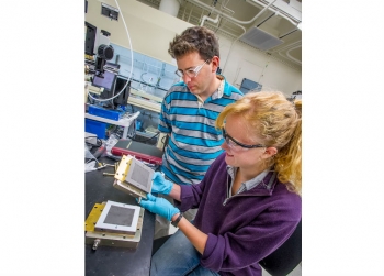 Dr. Adam Weber oversees the work of intern Sara Kelly at Lawrence Berkeley National Laboratory in California. Dr. Weber was recently named one of the winners of the Presidential Early Career Awards for Scientists and Engineers. | Photo by Roy Kaltschmidt, Lawrence Berkeley National Laboratory
Dr. Adam Weber oversees the work of intern Sara Kelly at Lawrence Berkeley National Laboratory in California. Dr. Weber was recently named one of the winners of the Presidential Early Career Awards for Scientists and Engineers. | Photo by Roy Kaltschmidt, Lawrence Berkeley National Laboratory