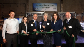(From left to right) BETO Technology Manager Daniel Fishman, and Program Manager Alison Goss Eng, Livermore Mayor John March, Sandia National Laboratories Vice President Marianne Walck, California State Assembly Catharine Baker, and Chief Scientific and Technology Officer and Vice President of the Deconstruction Division at the Joint BioEnergy Institute Blake Simmons cut the ribbon for the new Algae Raceway Testing Facility. Photo courtesy of Dino Vournas/Sandia National Laboratories. (From left to right) BETO Technology Manager Daniel Fishman, and Program Manager Alison Goss Eng, Livermore Mayor John March, Sandia National Laboratories Vice President Marianne Walck, California State Assembly Catharine Baker, and Chief Scientific and Technology Officer and Vice President of the Deconstruction Division at the Joint BioEnergy Institute Blake Simmons cut the ribbon for the new Algae Raceway Testing Facility. Photo courtesy of Dino Vournas/Sandia National Laboratories.