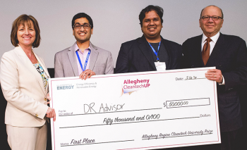 Carnegie Mellon University recognized the University of Pennsylvania's DR-Advisor team as the top winner at its inaugural Allegheny Region Cleantech University Prize in March. Dr. Grace M. Bochenek, director of the National Energy Technology Laboratory (left) and Dr. Jared Cohon, director of Carnegie Mellon's Scott Institute for Energy Innovation (right) presented the winnings to Professor Rahul Mangharam (second from left), Dr. Madhur Behl (second from right), and Kuk Jiang (not pictured). Carnegie Mellon University recognized the University of Pennsylvania's DR-Advisor team as the top winner at its inaugural Allegheny Region Cleantech University Prize in March. Dr. Grace M. Bochenek, director of the National Energy Technology Laboratory (left) and Dr. Jared Cohon, director of Carnegie Mellon's Scott Institute for Energy Innovation (right) presented the winnings to Professor Rahul Mangharam (second from left), Dr. Madhur Behl (second from right), and Kuk Jiang (not pictured).