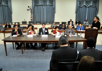 A panel on climate change is pictured here from the Congressional Forum on Minorities in Energy, held at the Rayburn House Office Building in Washington, D.C., on November 19, 2013. From left to right - Chandra Sina, Lead Financial Specialist at the World Bank; Leslie G. Fields, National Environmental Justice Director for the Sierra Club; Frank Niepold, Climate Education Coordinator, National Oceanic & Atmospheric Administration; Judith Greenwald, Deputy Director for Climate, Environment and Efficiency, Department of Energy; and Andre Pettigrew, Executive Director, Clean Economy Solutions. Moderated by Jackie Knox Brown, Special Assistant to Senator Thad Cochran, Former Assistant Secretary for Congressional and Intergovernmental Affairs, Department of Energy. Photo by Ken Shipp, DOE. A panel on climate change is pictured here from the Congressional Forum on Minorities in Energy, held at the Rayburn House Office Building in Washington, D.C., on November 19, 2013. From left to right - Chandra Sina, Lead Financial Specialist at the World Bank; Leslie G. Fields, National Environmental Justice Director for the Sierra Club; Frank Niepold, Climate Education Coordinator, National Oceanic & Atmospheric Administration; Judith Greenwald, Deputy Director for Climate, Environment and Efficiency, Department of Energy; and Andre Pettigrew, Executive Director, Clean Economy Solutions. Moderated by Jackie Knox Brown, Special Assistant to Senator Thad Cochran, Former Assistant Secretary for Congressional and Intergovernmental Affairs, Department of Energy. Photo by Ken Shipp, DOE.