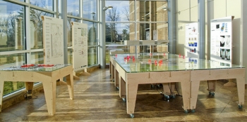 The groundwater model exhibit is shown from the side. The groundwater model exhibit is shown from the side.