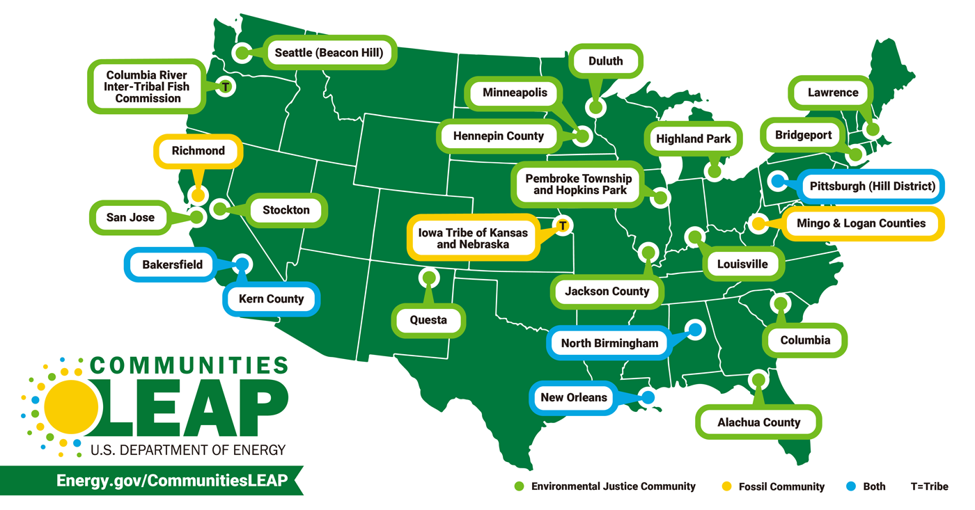 A map of the United States, showing all 24 communities for the Communities LEAP pilot program.