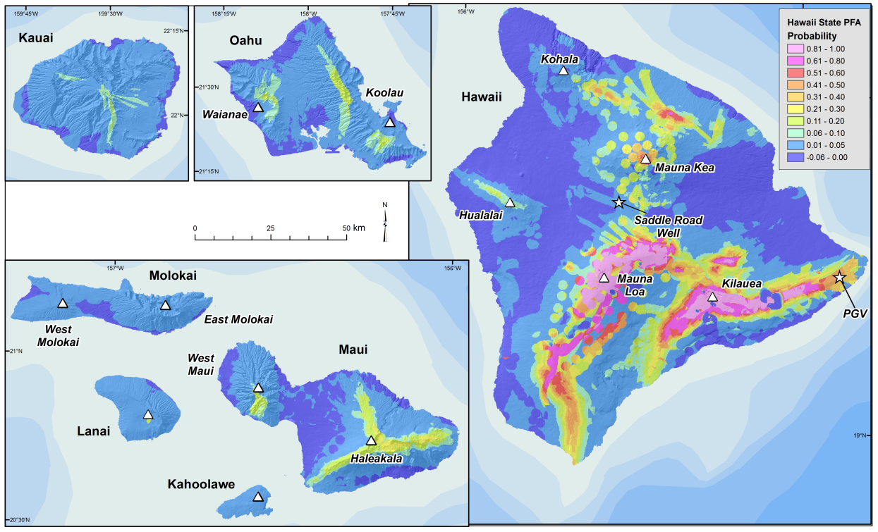 Slide from a University of Hawai'i presentation showing the PFA heatmap of all the Hawai'ian islands.