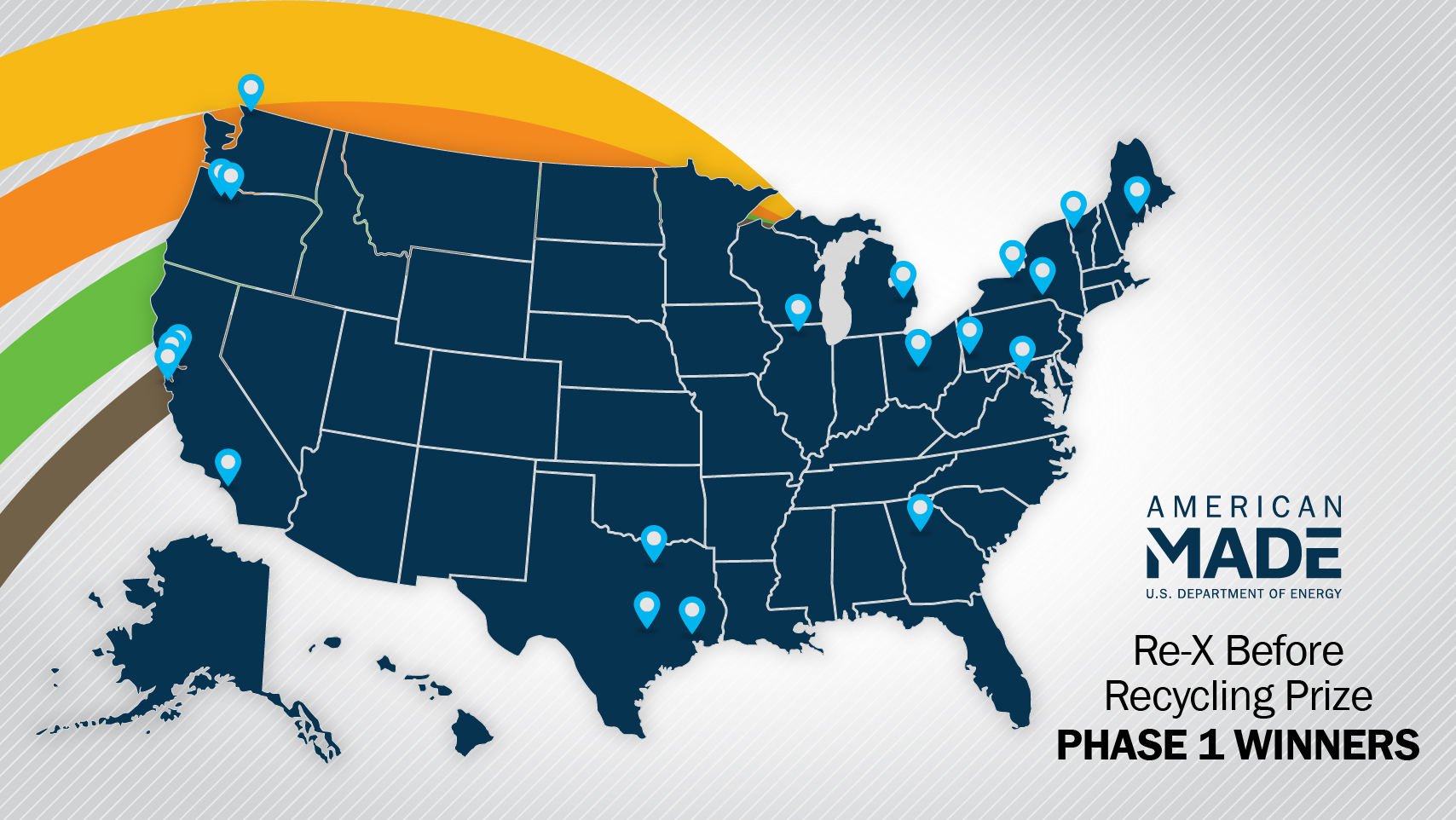 A map of the United States titled Re-X Before Recycling Prize Winners with pins in several states