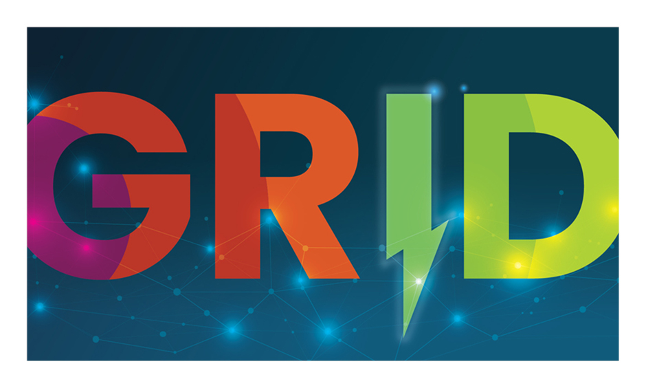 GRID in large very large letters shows the progression of subsurface layers, from the hot purple to the cool green. The I in GRID has a zig zag flouish indicating electricity. In the background is a depiction of an electric grid.