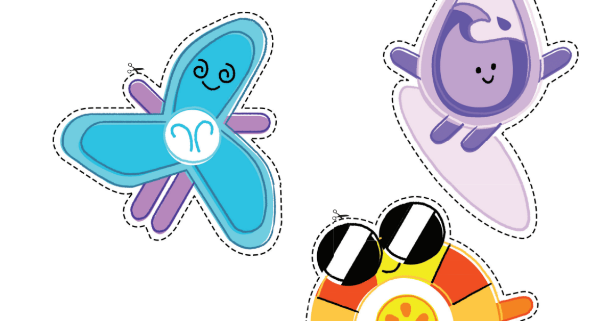 Illustrated characters from the Spark Squad Joule World worksheet