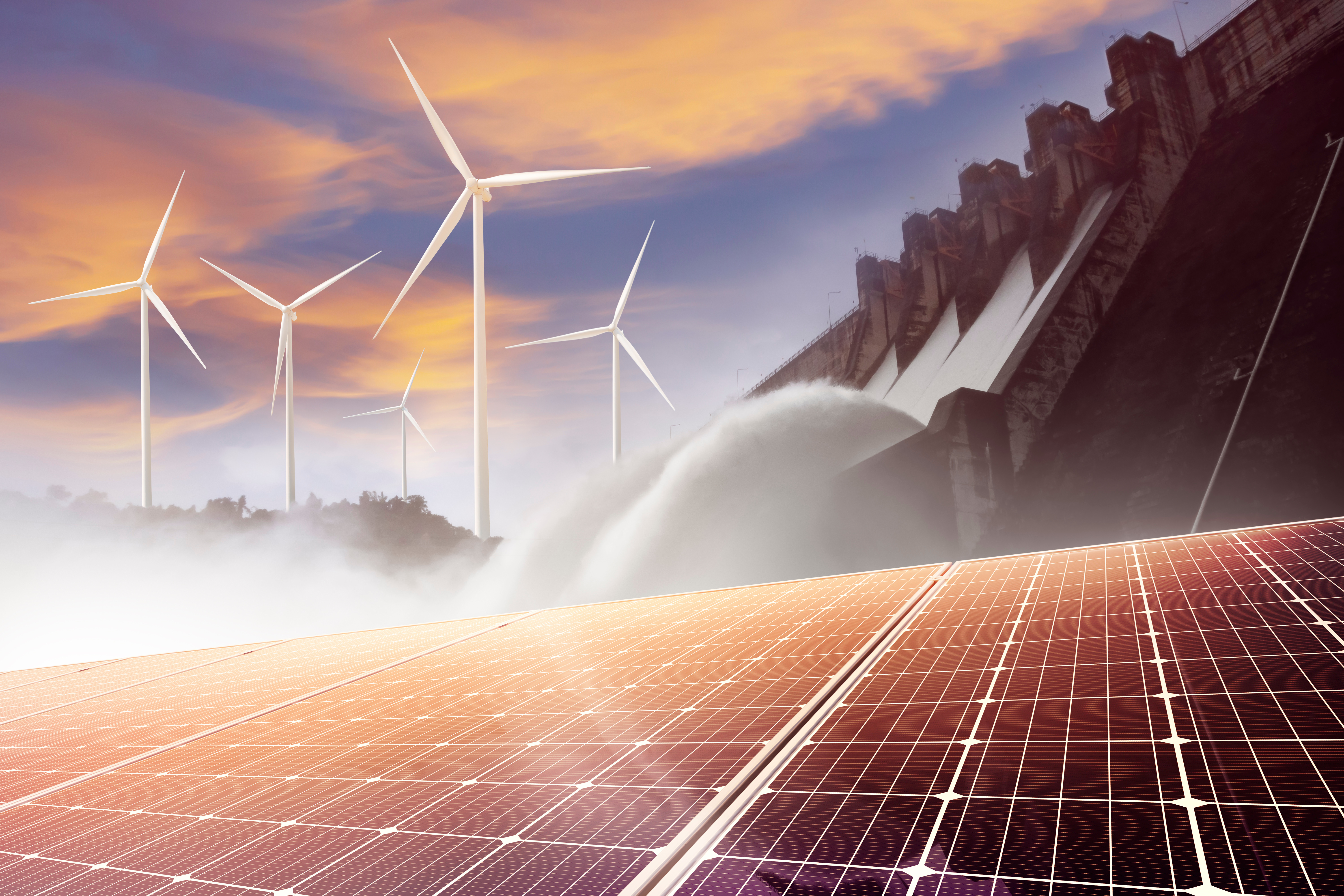 Collage image of solar panels, a hydroelectric dam, and wind turbines