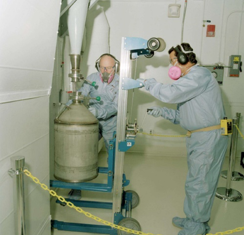The beryllium technology facility at DOE’s Los Alamos National Laboratory (LANL) was the first state-of-the-art facility in the U.S. designed specifically for working with beryllium. Waste collection, aided by high powered vacuum connections is essential particularly because of concerns about chronic beryllium disease. 393 005 006