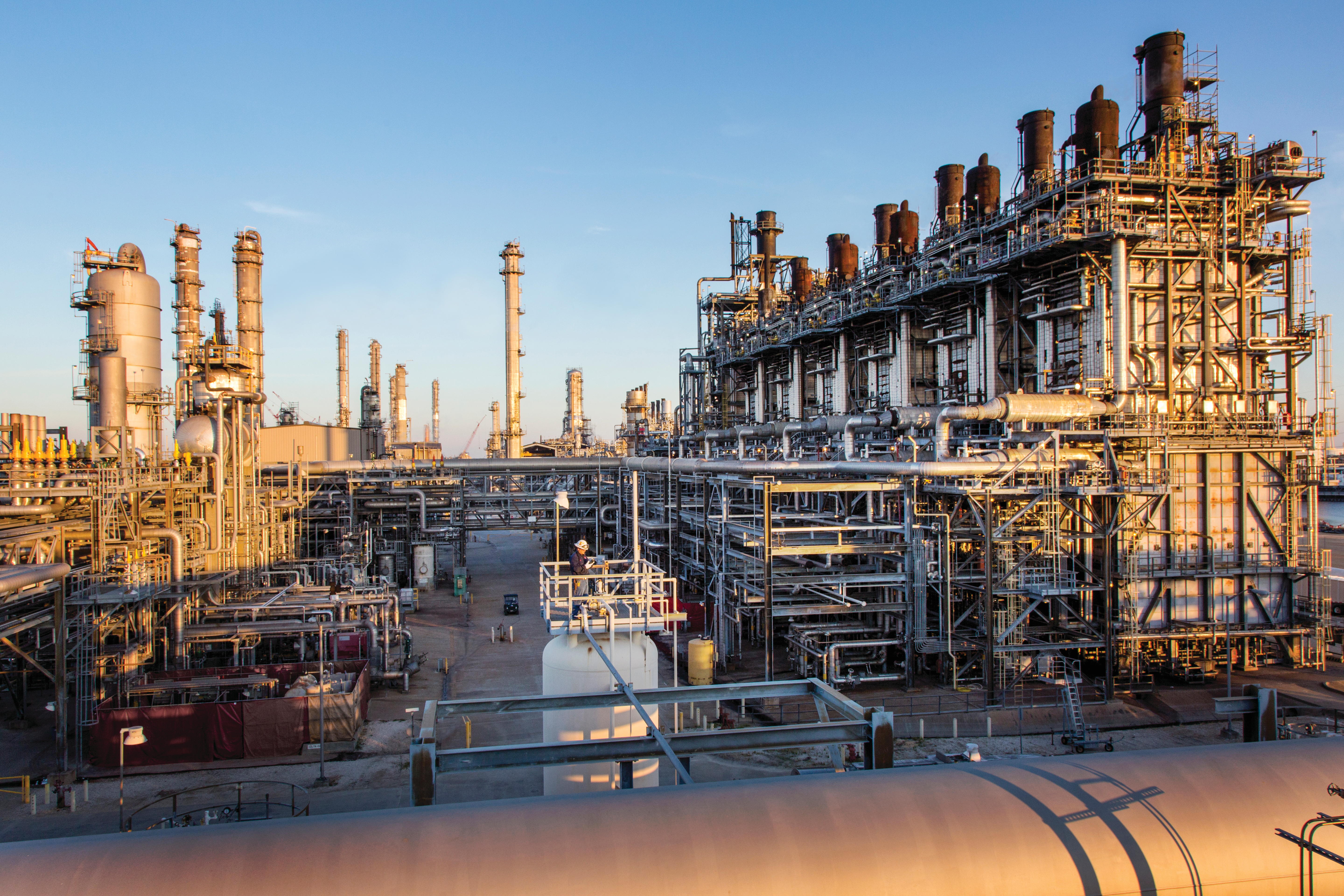 ExxonMobil’s Baytown, Texas facility with large industrial pipes