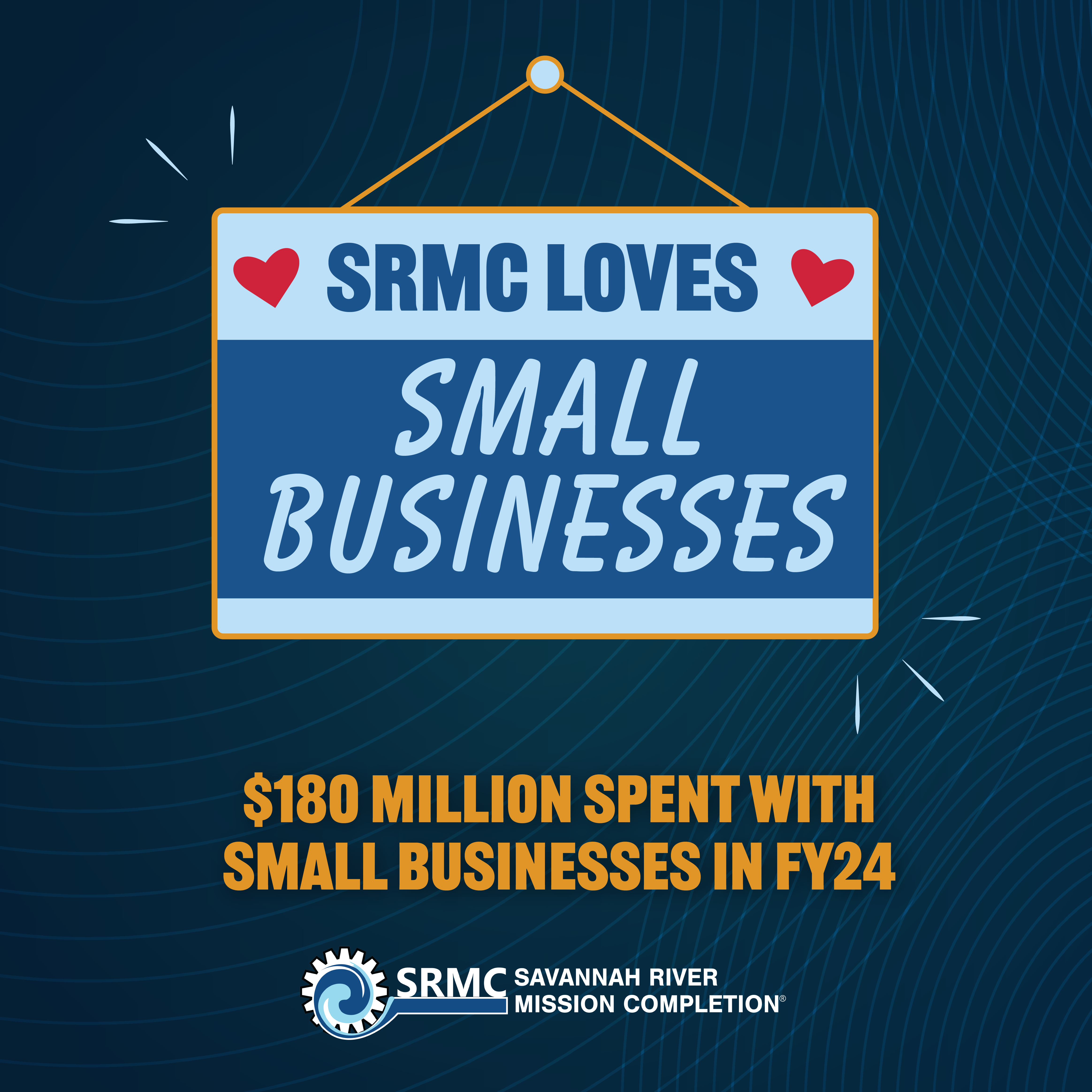 A graphic that reads "SRMC Loves Small Businesses" with yellow and white text below