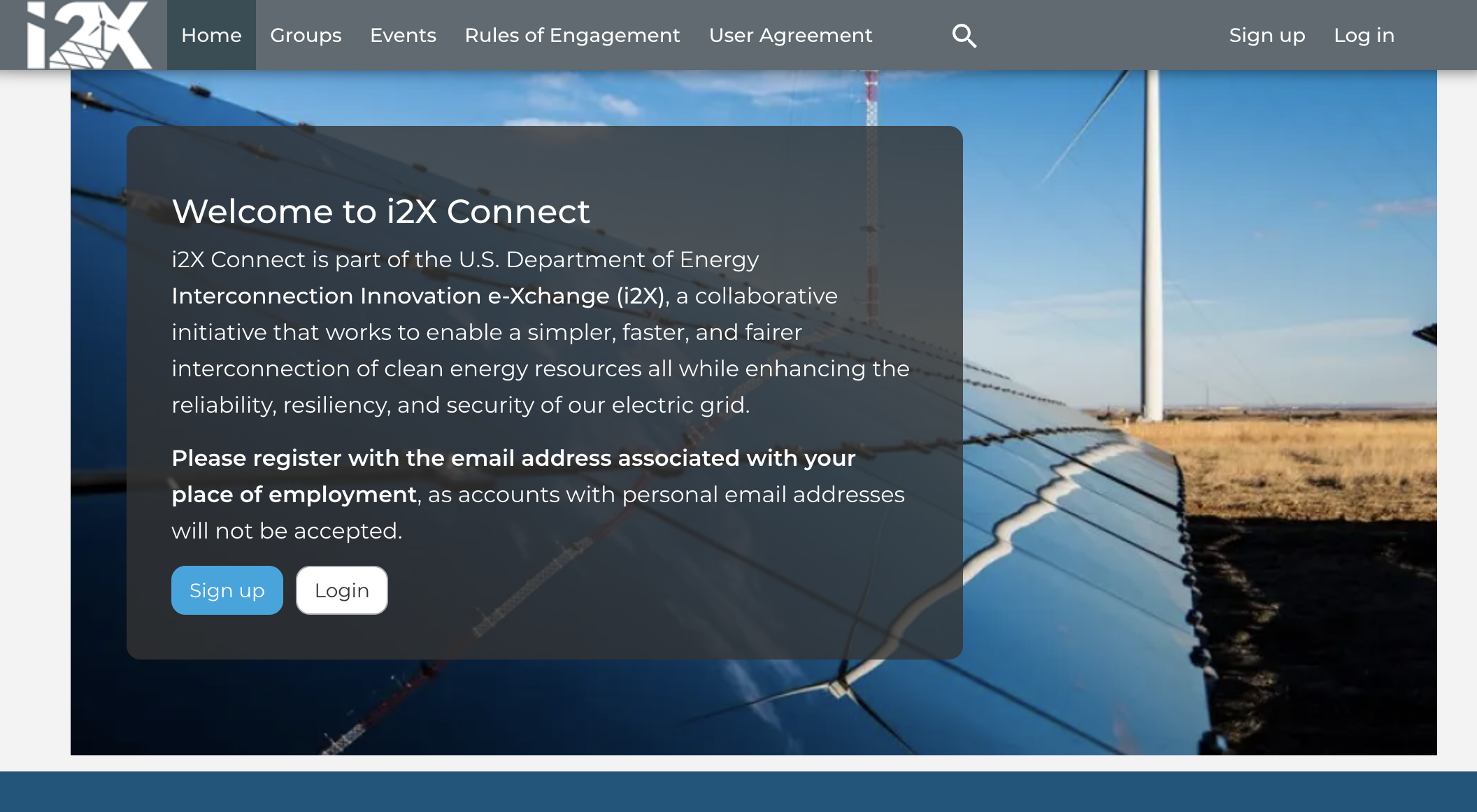 i2X Connect platform homepage.