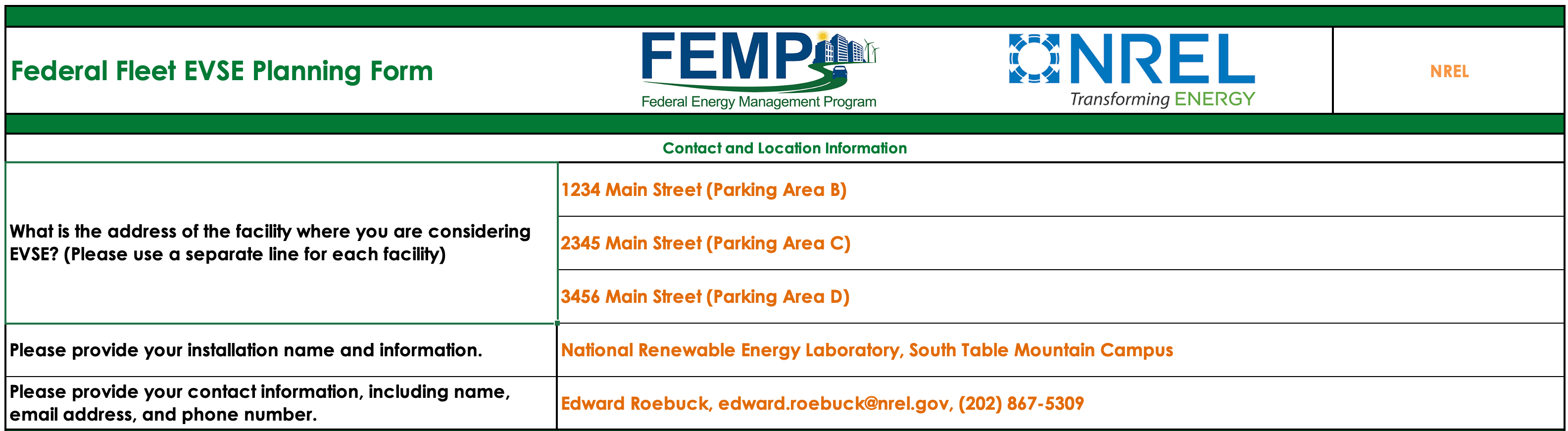 The Federal Fleet EVSE Planning Form includes a section for contact and location information.