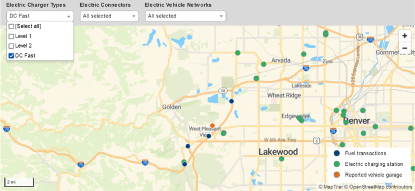 The FleetDASH AFV Screening Tool shows a vehicle’s garage location, fuel transactions, and electric charging stations.