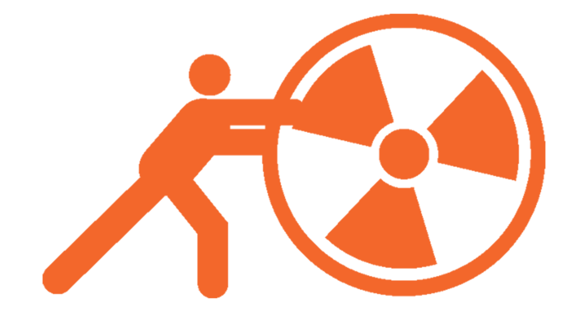 An illustration showing a man pushing a large, circular radiation symbol.