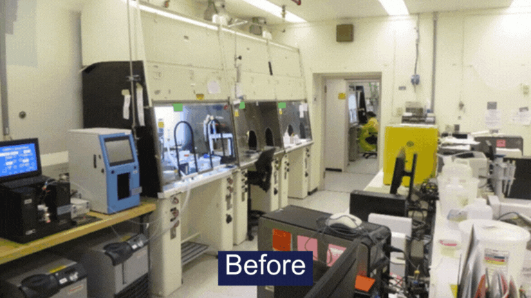 A before and after shot of a laboratory being upgraded at the Hanford Site