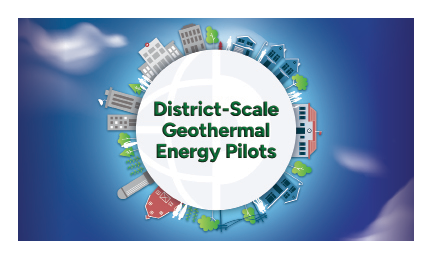 The CommGeo postcard in GTO's Geothermal Everywhere series - the illustration displays the CommGeo logo in the middle of a white circle on the blue background. On all edges of the circle are depictions of homes, trees, municipal buildings, farms, power lines, and more.