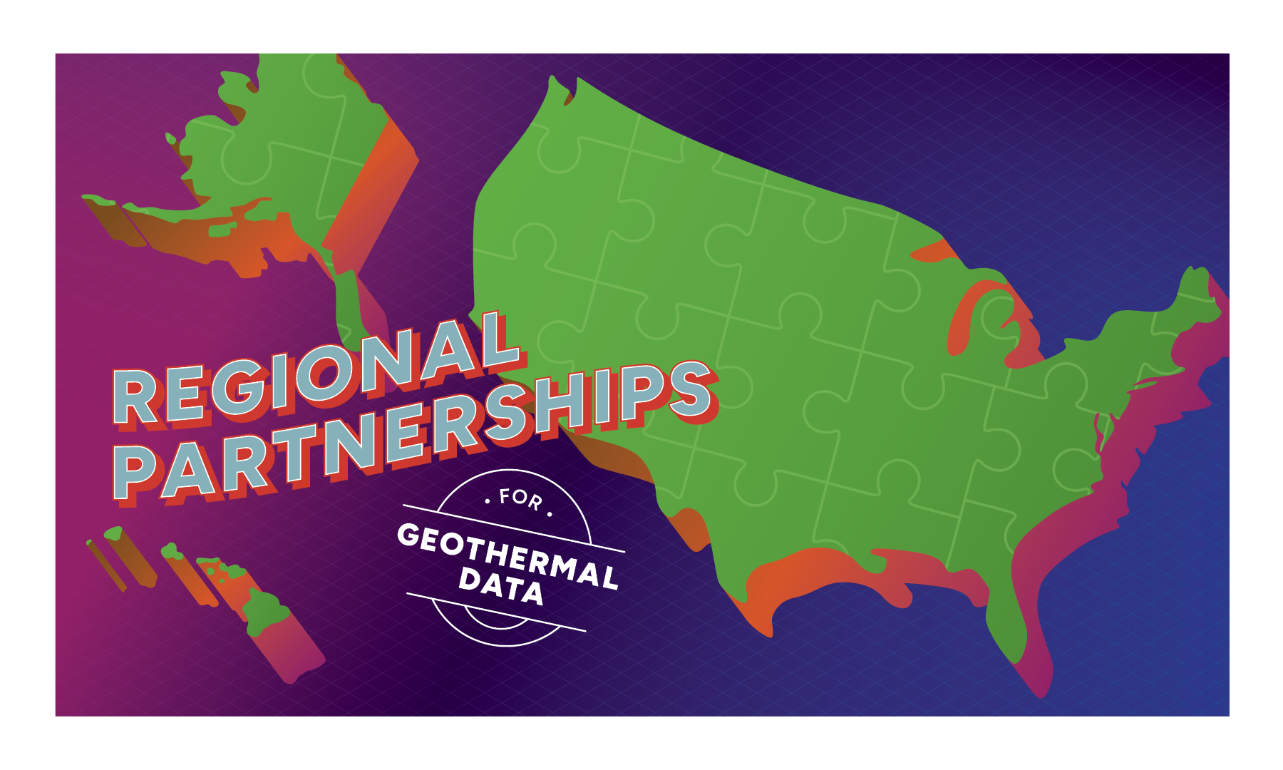 Illustration of the United States as interlocking puzzle pieces, with the text Regional Partnerships for Geothermal Data.
