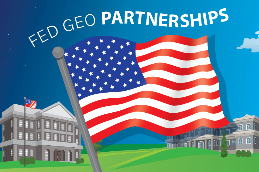 FedGeo Partnerships. Below the text is a waving American flag and two municipal or government buildings on green hills against blue skies.