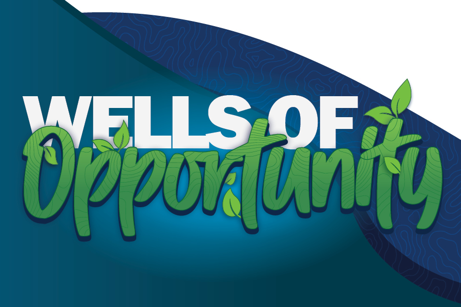 Wells Of Opportunity. The text Wells and Of are in basic white, while the text Opportunity is in green with the occasional leaf growing out of it and a topographic pattern visible in the letters.