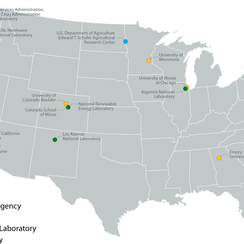 Map shows the locations of federal agencies, hospitals, national laboratories, and universities across the continental United States that have committed to be Smart Labs Accelerator partners.