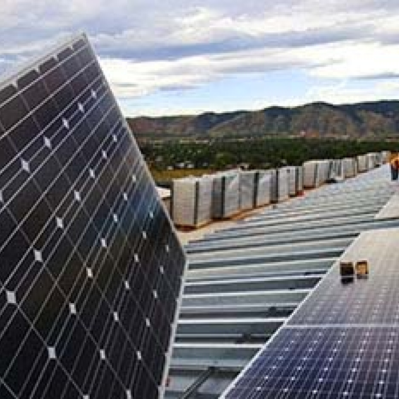 Solar panels with the mountains in the background.