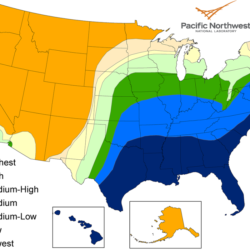 A map showing the potential condensate for different areas of the United States.