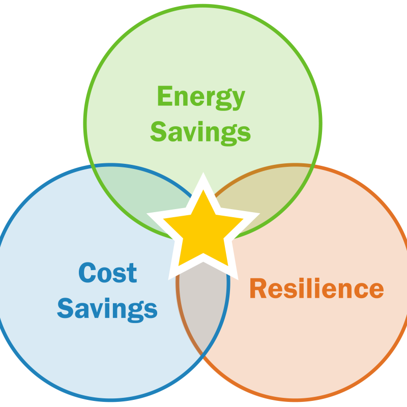 Three intersecting circles which read Energy Savings, Cost Savings, and Resilience.