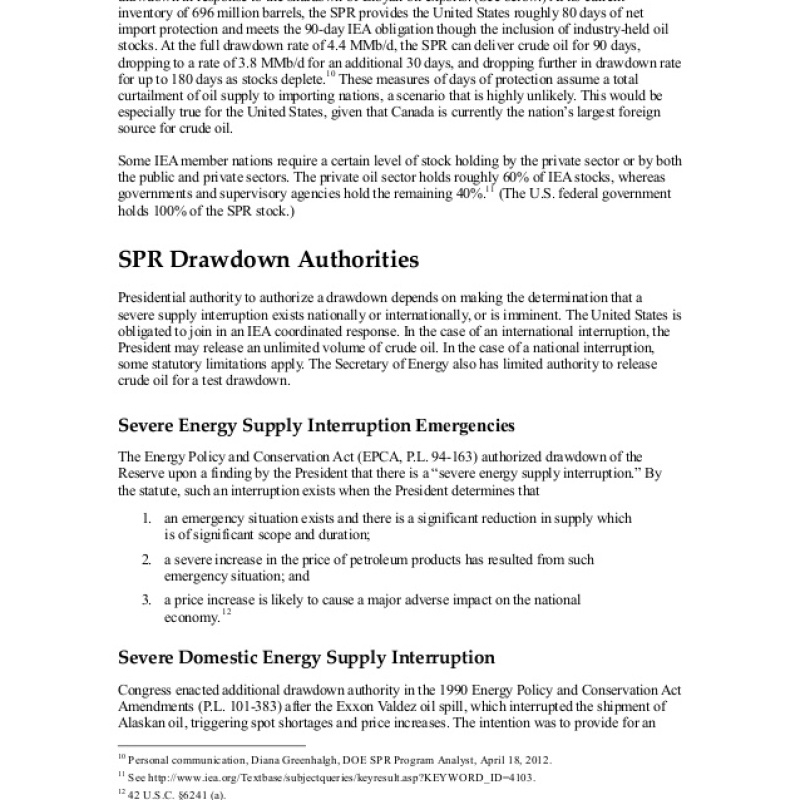 Energy Policy and Conservation Act's Statutory Authority for an SPR Drawdown
