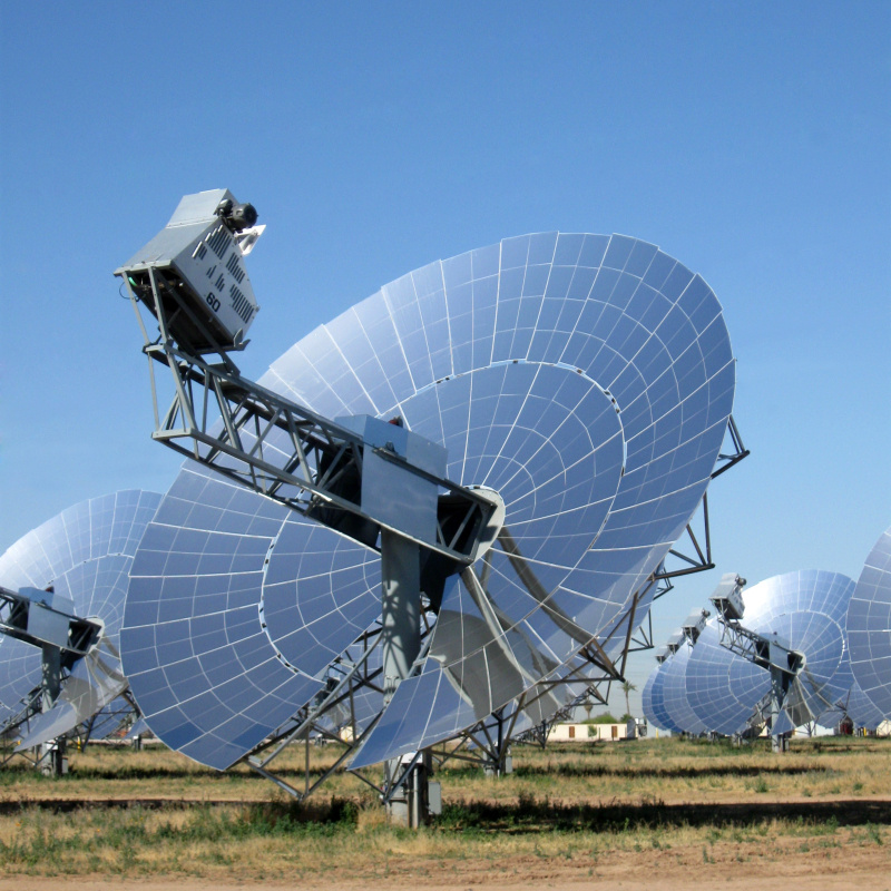 solar power system that uses a 38-foot mirrored parabolic dish combined with an automatic tracking system to collect and focus the sun's energy onto a Stirling engine to convert the solar thermal energy into grid quality electricity