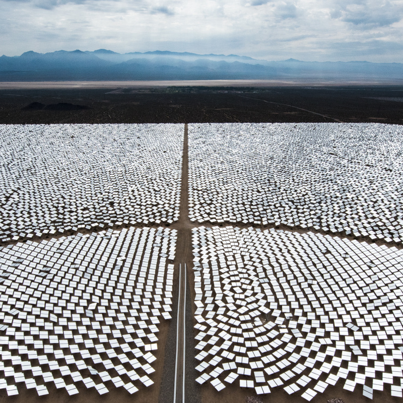 Bird's eye view of heliostats at concentrating solar-thermal power plant