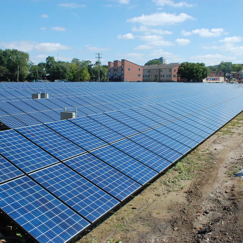 This 1 MW solar installation in East Cleveland, Ohio, is owned and operated by nonprofit utility Medical Center Company and overlooks the historic Lakeview cemetery. Photo by Timothy Peshek.