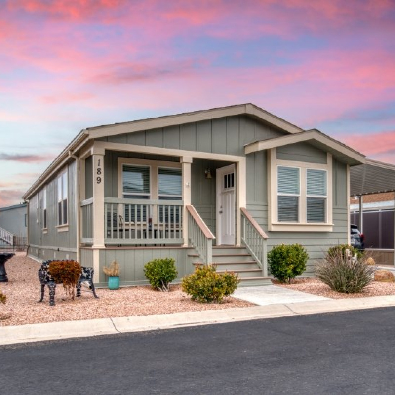 Manufactured home with a sunset in the background