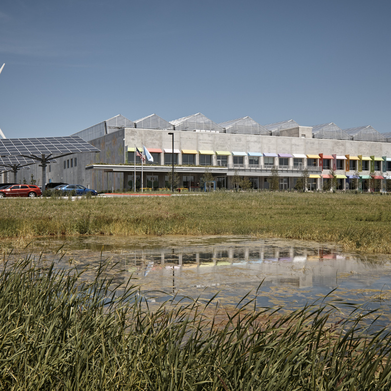Chicago-based Method building and a wind turbine.
