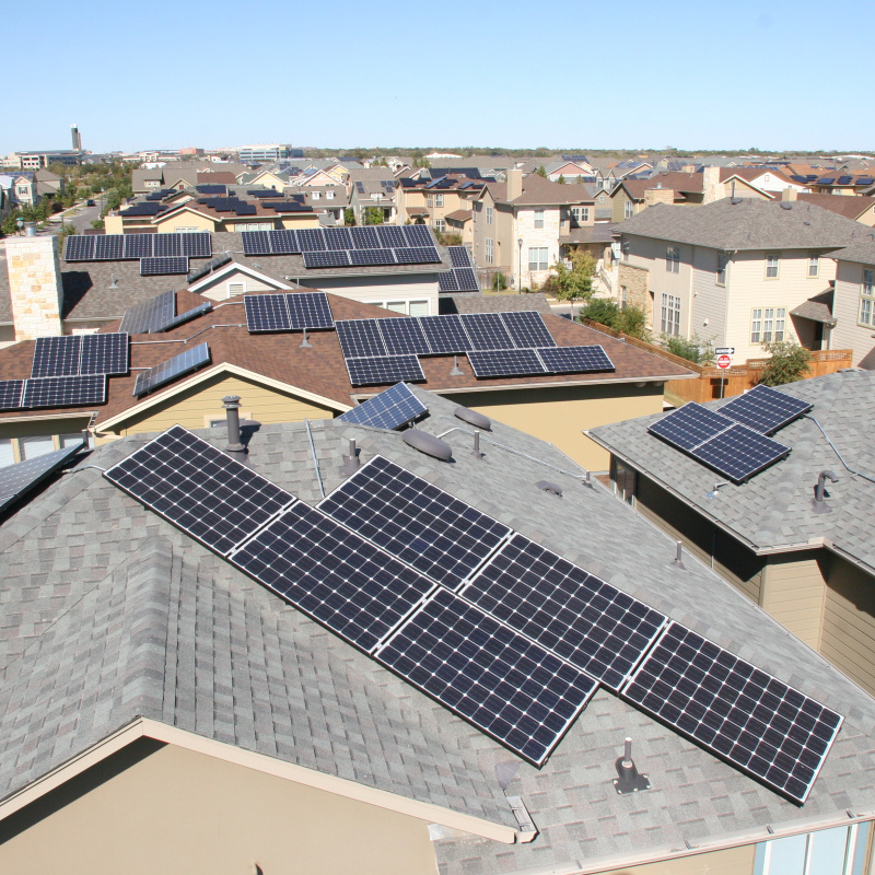 Aerial view of a Mueller neighborhood with solar panels.