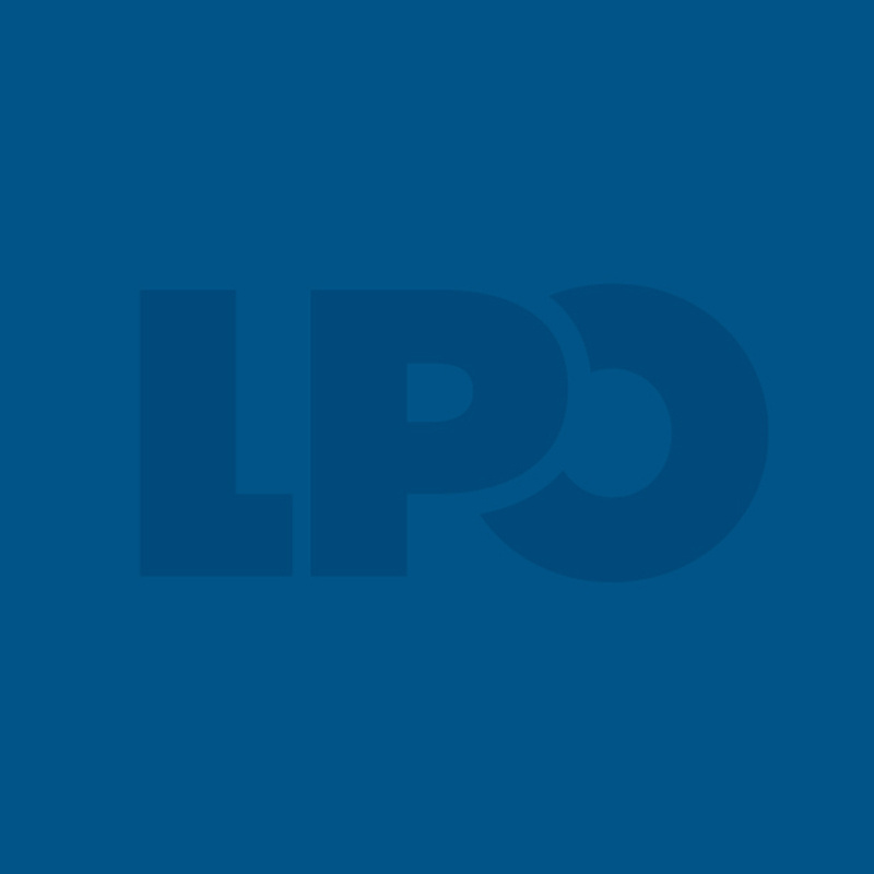 Blue square with LPO stylistic type-treatment at the center