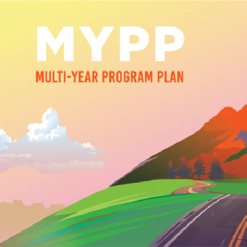 Graphic of a mountain scene in the distance, with a road leading to the mountains, and the words "MYPP: Multi Year Program Plan."