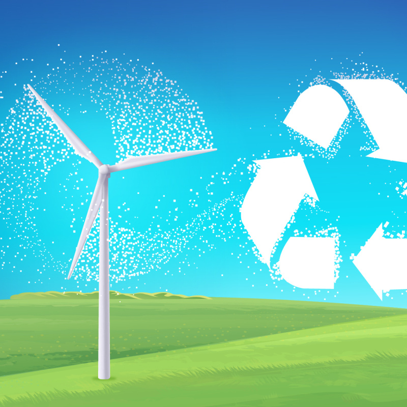 Illustration of a wind turbine and the recycling logo. 