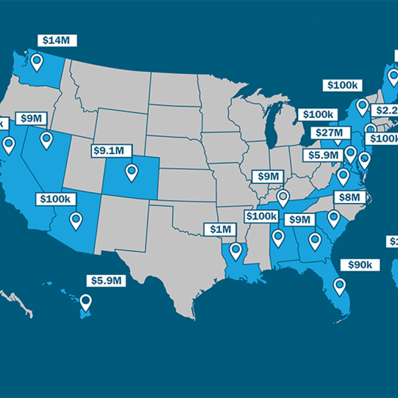 A map of the United States that highlights the locations of federal projects receiving funding from FEMP's AFFECT program. Germany is also included as a highlighted country with a U.S. Army base that is receiving funding.