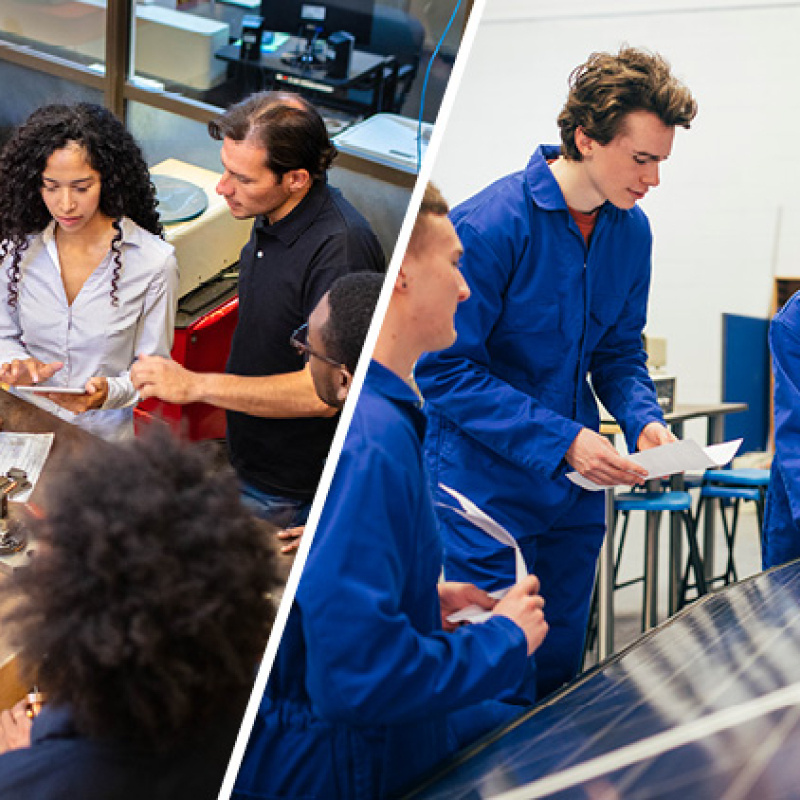 Solar energy engineers and workers collaborate.  