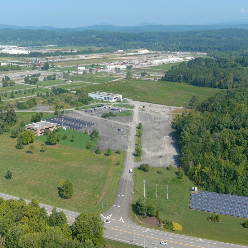 Aerial shot of  a large campus of buildings and facilities 