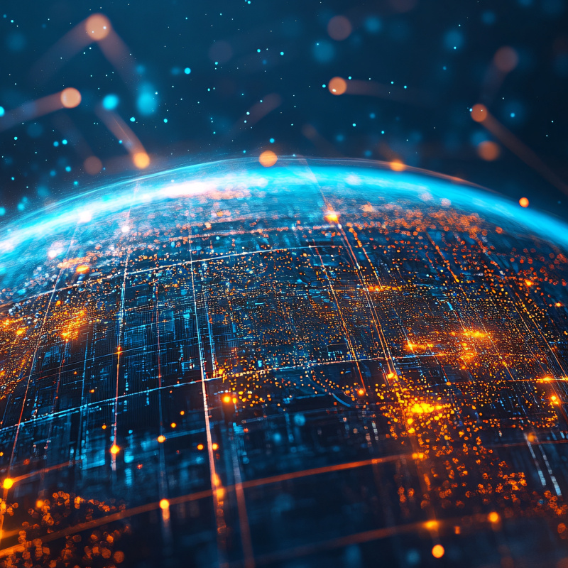 Illustration of a globe, comprised of digital/high tech looking dots and lines. Dark background with a blue sphere and orange and blue lines and dots.
