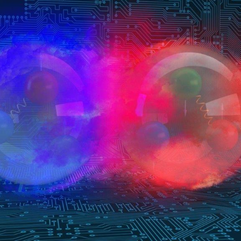 Artist’s depiction of the deuteron, the nuclear bound state of a proton and a neutron, on a backdrop of a computer circuit.