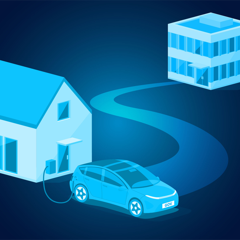 Graphic of electric vehicle in home driveway with road to office building