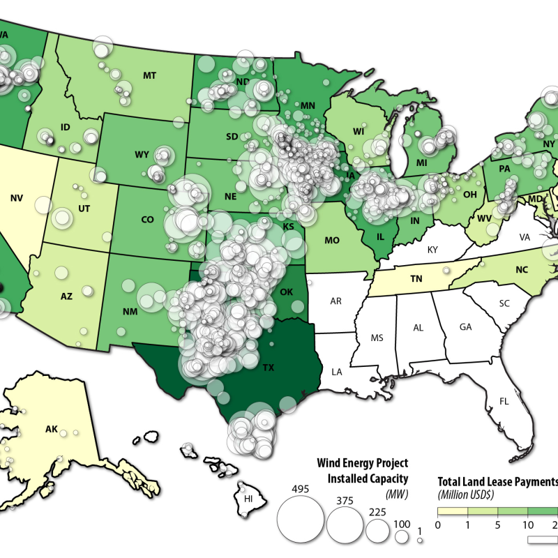 Map of installed U.S. wind energy projects and their capacities overlain on states' total reoccurring long-term revenue for 2019