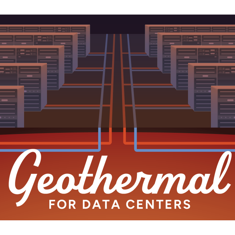 Text: Geothermal for Data Centers. Illustration: Data centers connected by red and blue piping.