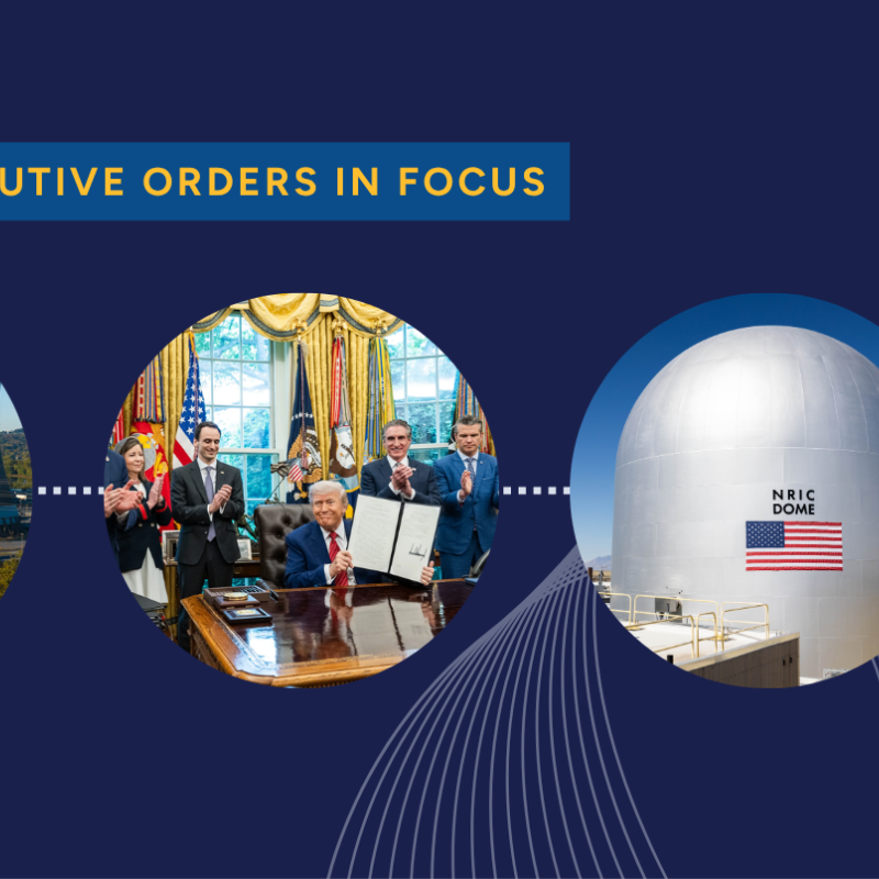 Pictures of President Trump, DOME microreactor test bed, Crane nuclear power plant, and uranium yellowcake against a blue background