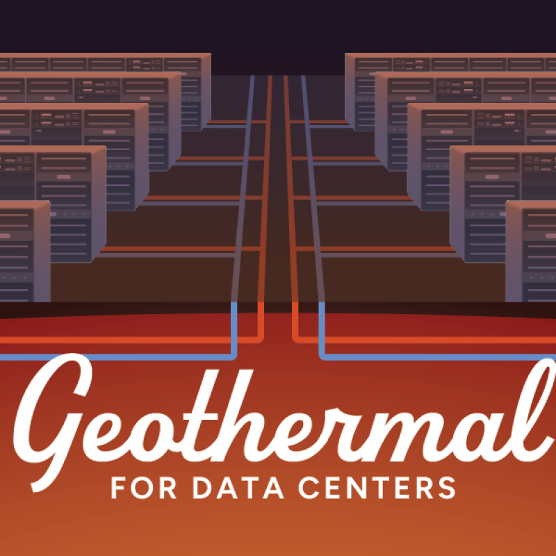 Text: Geothermal for Data Centers. Illustration: Data centers connected by red and blue piping.